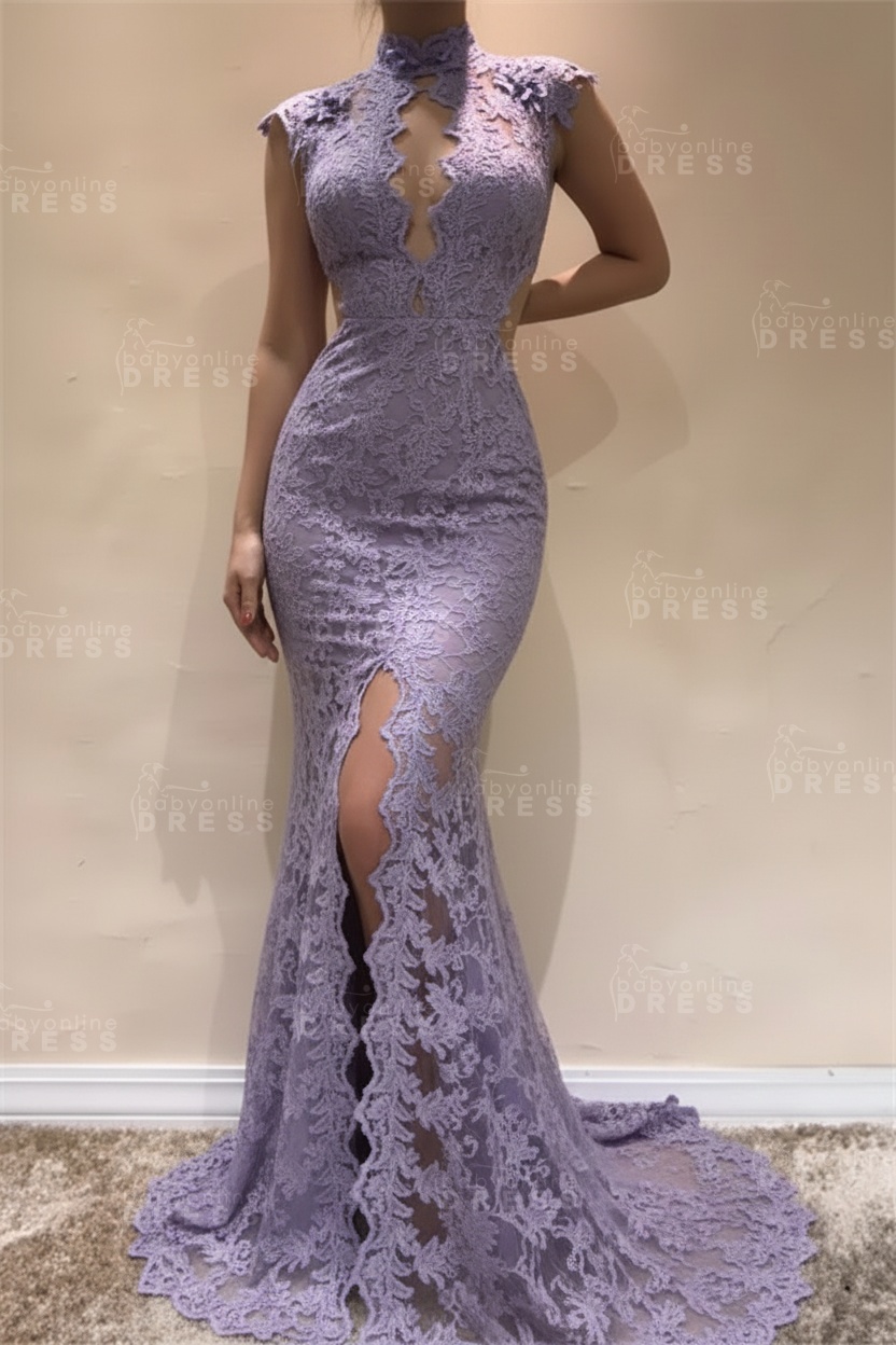 Sleeveless Front Split Evening Dresses | Black High Neck Lace Sexy Prom Dresses