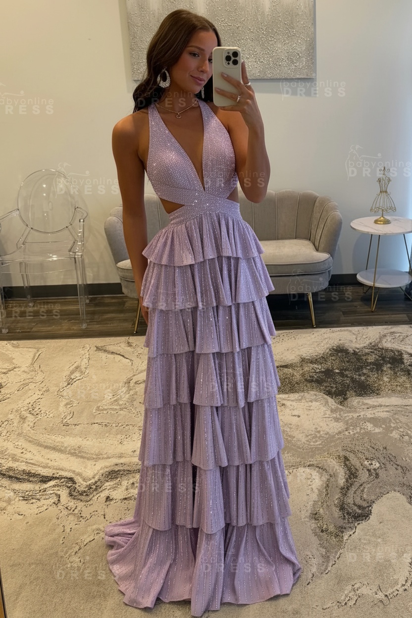 Halter Aline Prom Dress Sequined V-Neck High Split Evening Dress Long