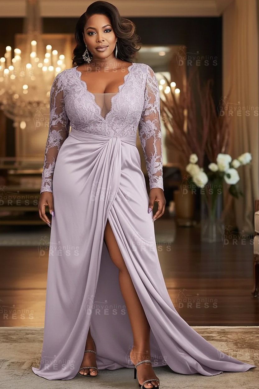 V-neck Appliques Lace Long Sleeve A-Line Prom Dresses with Slit