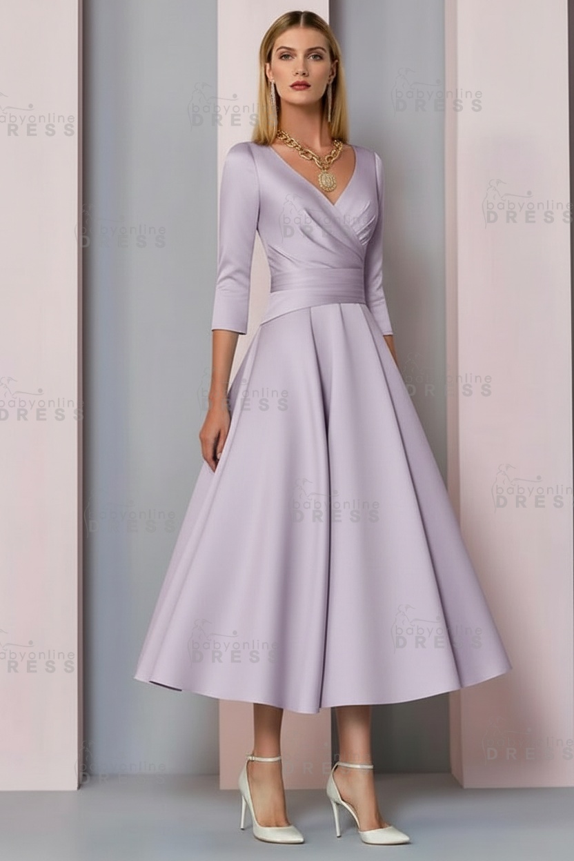 Half Sleeves White Ankle Length Mother of the Bride Dress V-Neck Satin Wedding Guest Dress