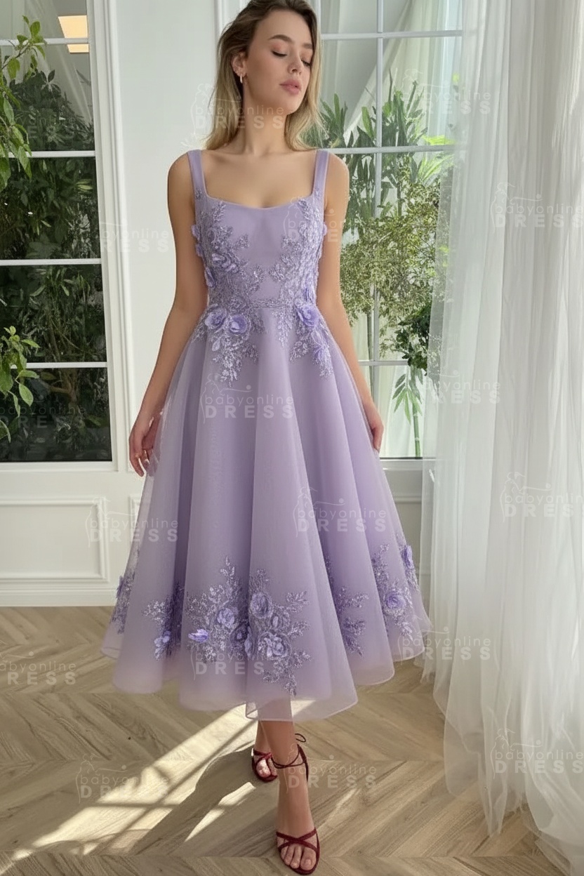 Burgundy Ankle length square neck Homecoming Dress Tulle Aline Formal Dress