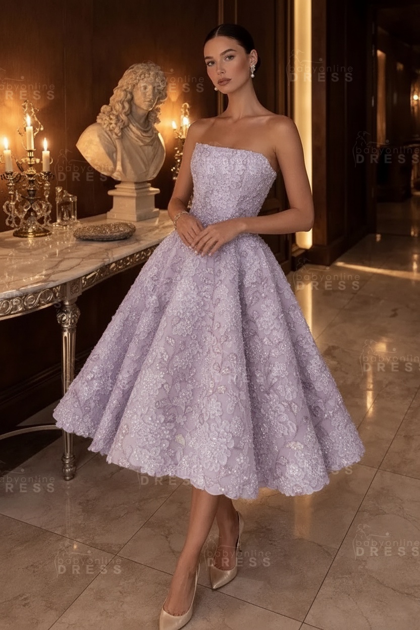 Strapless Yellow Floral A-Line Tea Length Prom Dress with Beadings