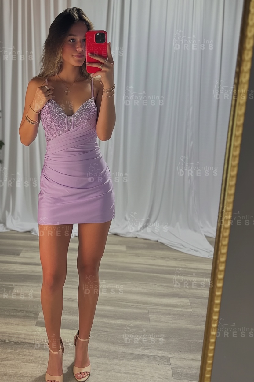 Spaghetti Straps Satin Tight Short Homecoming Dress with Beadings