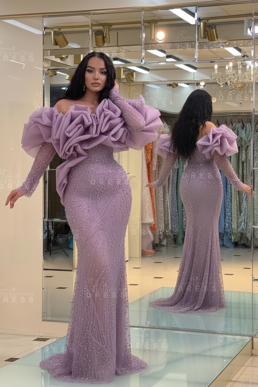 Bubble Sleeves Long Mermaid Prom Dress with Sequins and Beadings