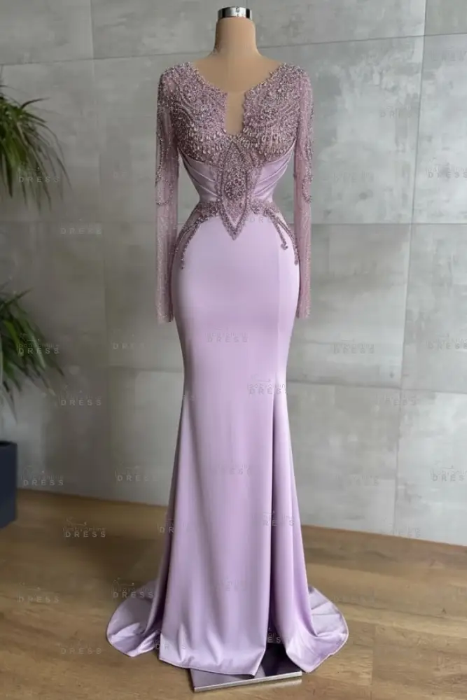 Gold Long sleeves Satin Mermaid V-neck Prom Dresses