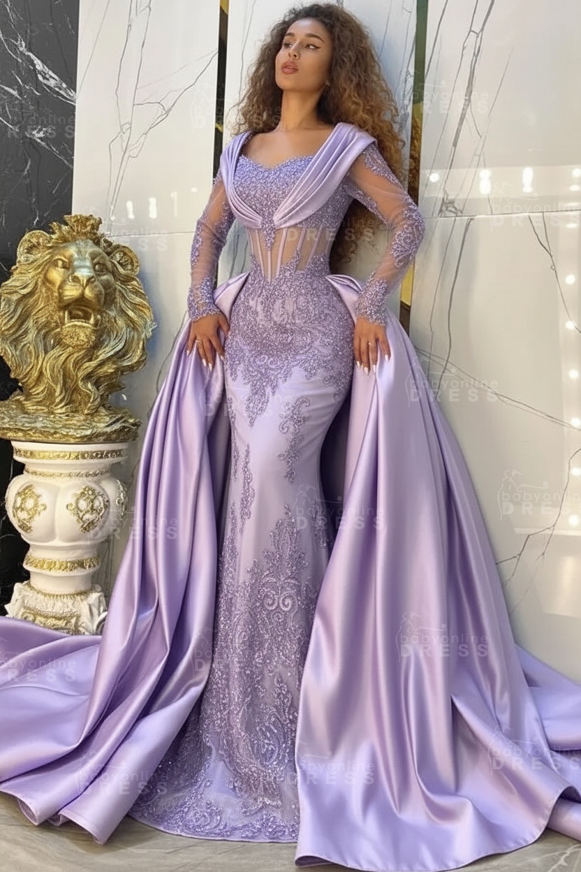 Gorgeous Sweetheart Appliques Lace A-Line Prom Dresses Long Sleeve Chapel Train