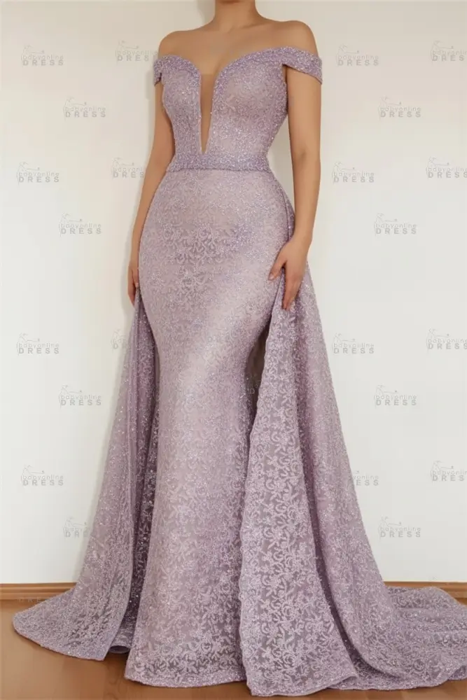 Burgundy Glamorous Mermaid Off The Shoulder Lace Appliques Prom Dress With Detachable Skirt