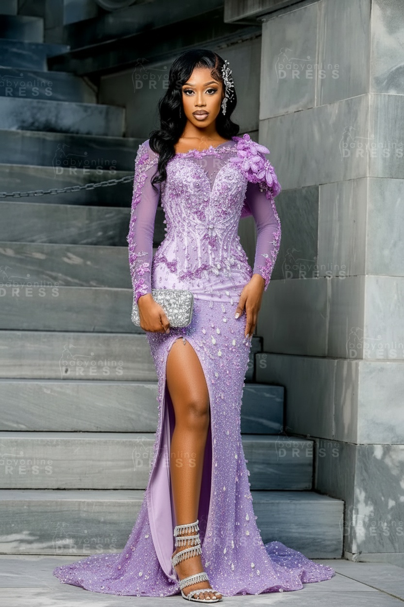 Sparkly Sky Blue Mermaid Prom Dress Beadings Long Sleeves Evening Gown Flowers with High Slit