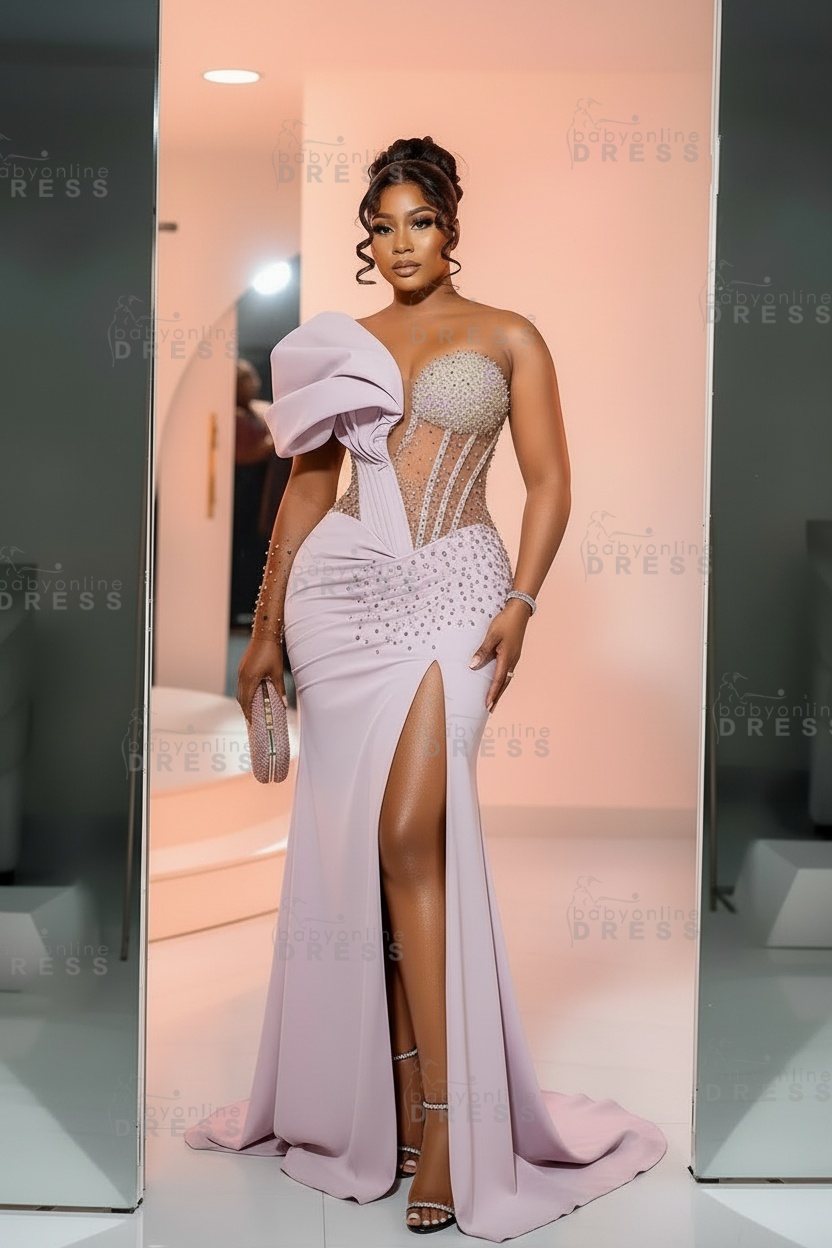 One-Shoulder Long Sleeves Corset Beadings Mermaid Prom Dress with High Split