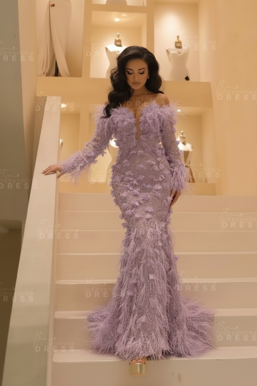 V-neck Long Sleeves Mermaid Evening Dresses Floor Length with Flowers