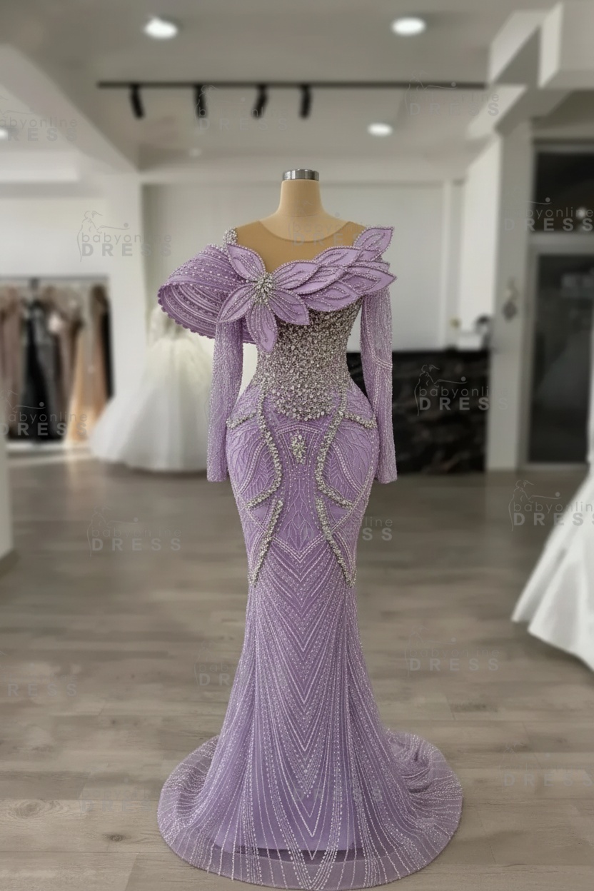 Luxury Crystals Long Sleeves Floor-Length Mermaid Prom Dress with Flowers 