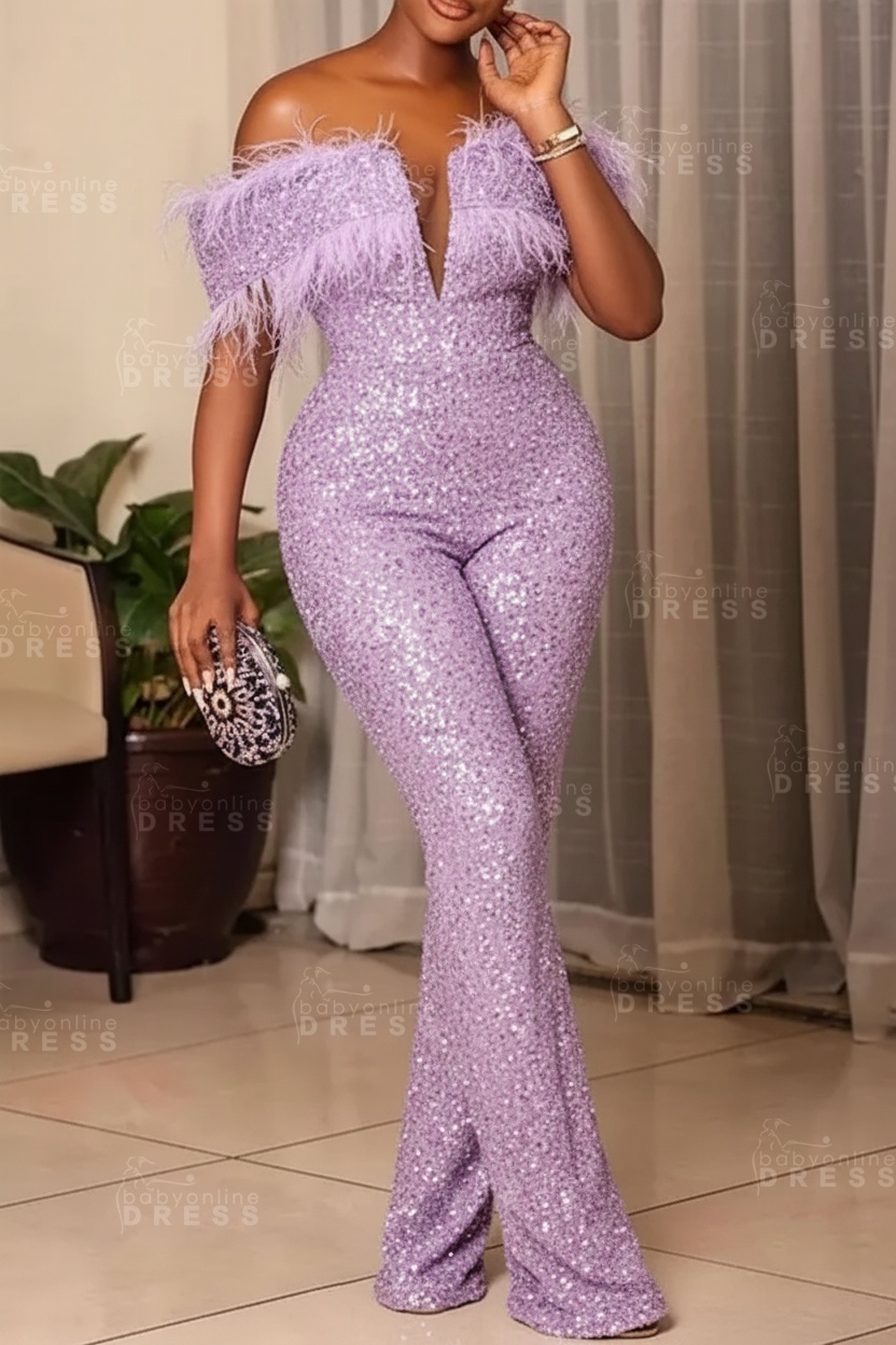 Plus Size Off Shoulder Sequin Women Jumpsuit Black Long Party Jumpsuits