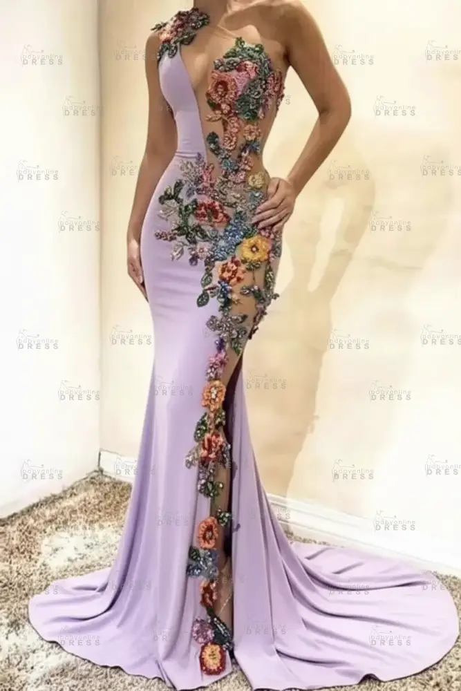 Amazing One-Shoulder Floral Pattern Beadings Floor-Length Mermaid Prom Dress 