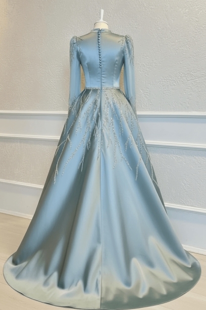 Light Blue A-line Satin Long sleeves Lace Prom Dresses