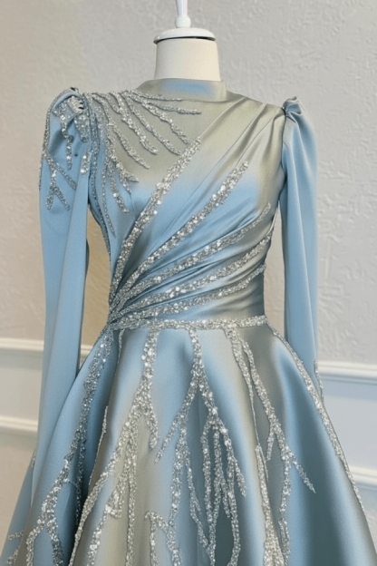 Light Blue A-line Satin Long sleeves Lace Prom Dresses