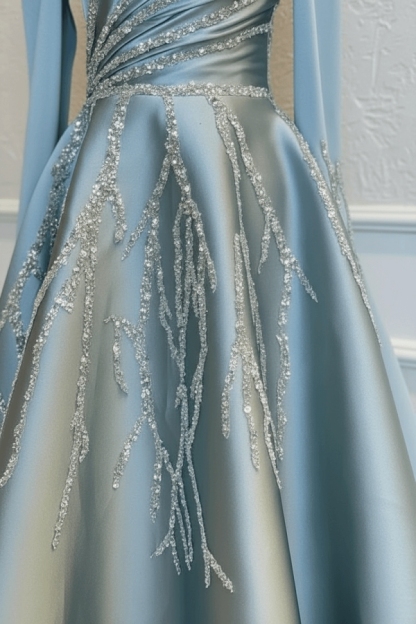 Light Blue A-line Satin Long sleeves Lace Prom Dresses