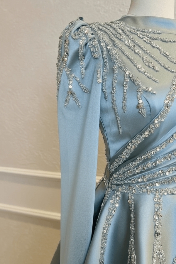 Light Blue A-line Satin Long sleeves Lace Prom Dresses