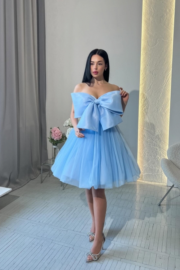 Light Blue Bowtie Strapless Cute Knee length Homecoming Dresses