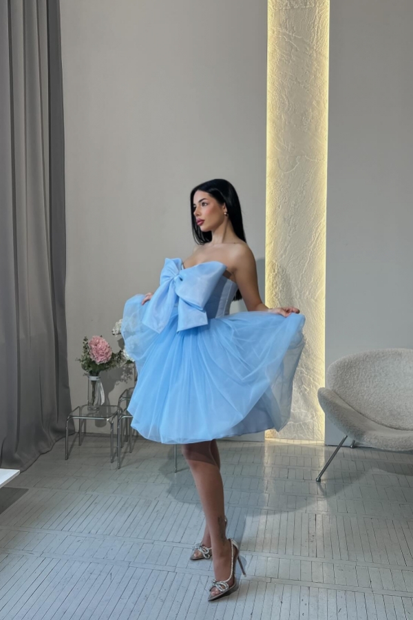 Light Blue Bowtie Strapless Cute Knee length Homecoming Dresses