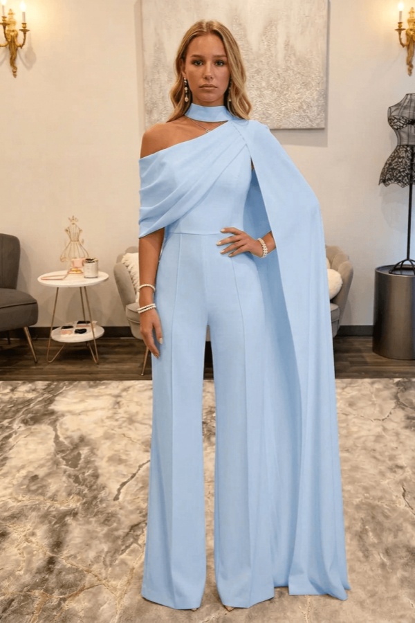 Light Blue Asymmetric Neck One-Shoulder Bridal Formal Jumpsuit with Sash