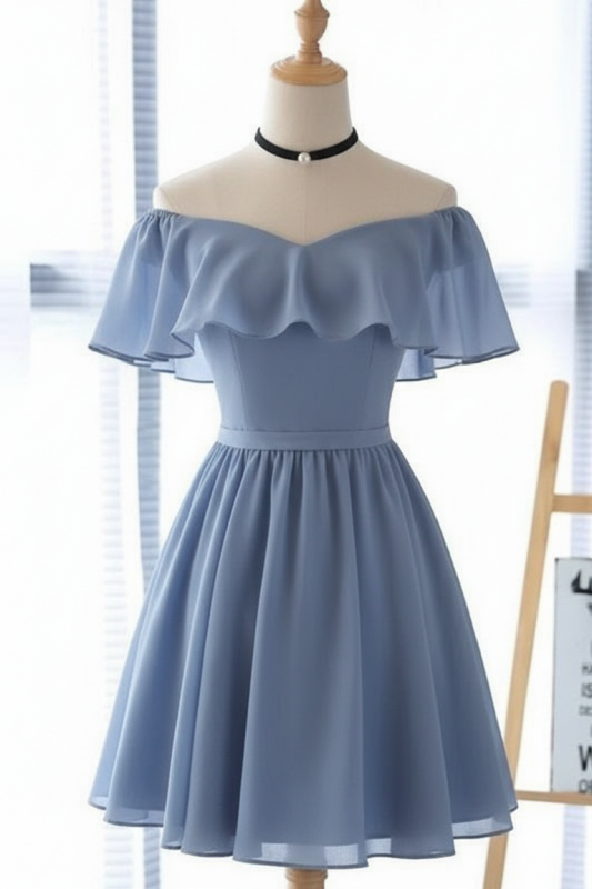 Light Blue Off the Shoulder Chiffon Homecoming Cute Short Graduation Dress