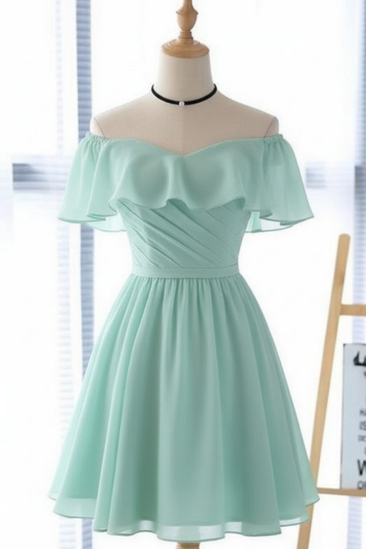 Light Blue Off the Shoulder Chiffon Homecoming Cute Short Graduation Dress