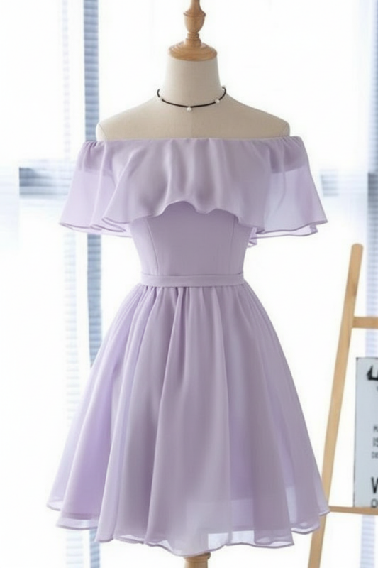 Light Blue Off the Shoulder Chiffon Homecoming Cute Short Graduation Dress