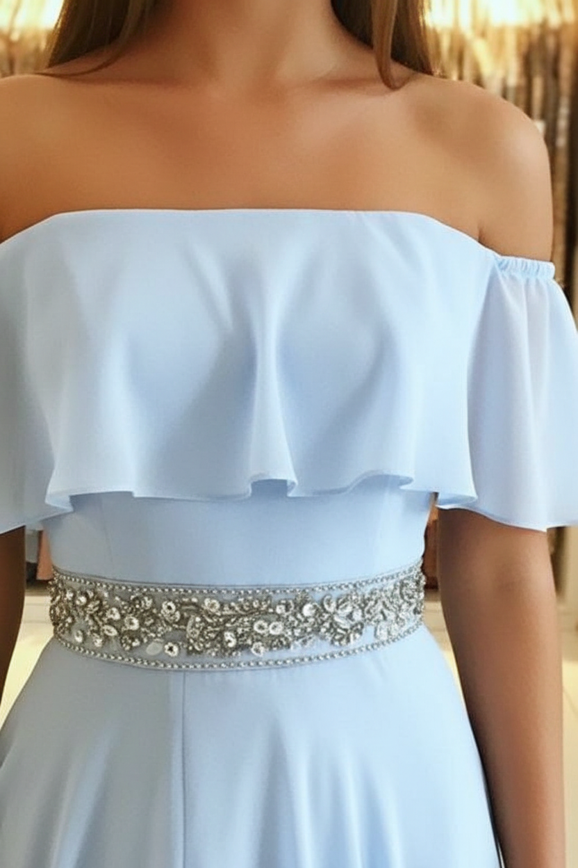 Sky Blue Off The Shoulder Evening Dresses Sexy | Chiffon Side Slit Prom Dress with Crystals Belt