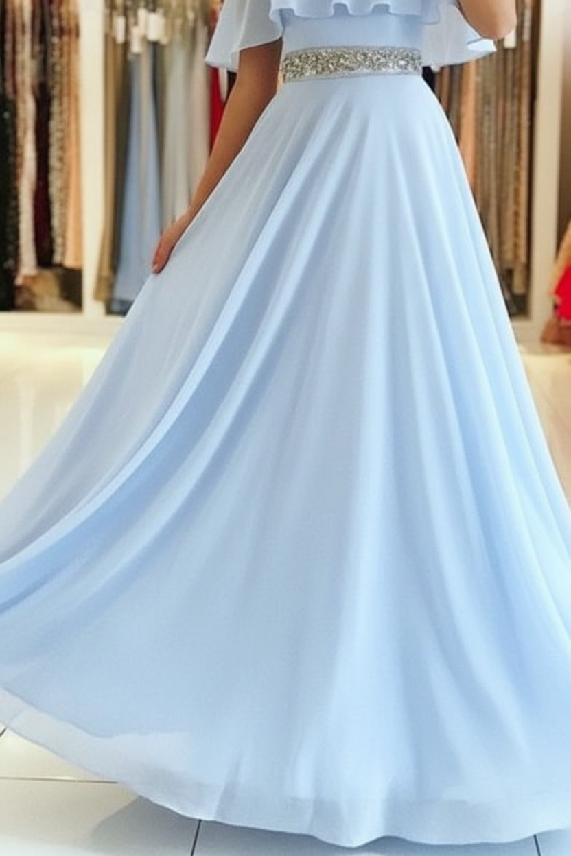 Sky Blue Off The Shoulder Evening Dresses Sexy | Chiffon Side Slit Prom Dress with Crystals Belt