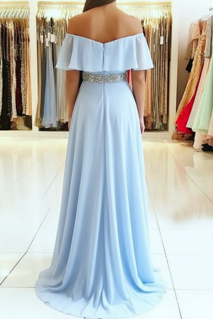 Sky Blue Off The Shoulder Evening Dresses Sexy | Chiffon Side Slit Prom Dress with Crystals Belt