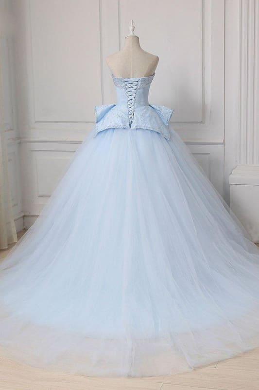 Light Blue Sweetheart Ball Gown Beading Tulle Prom Sweep Train Quinceanera Dress - Prom Dresses