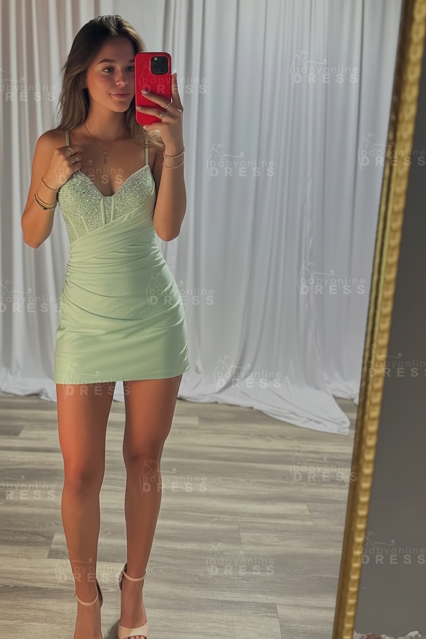 Spaghetti Straps Satin Tight Short Homecoming Dress with Beadings