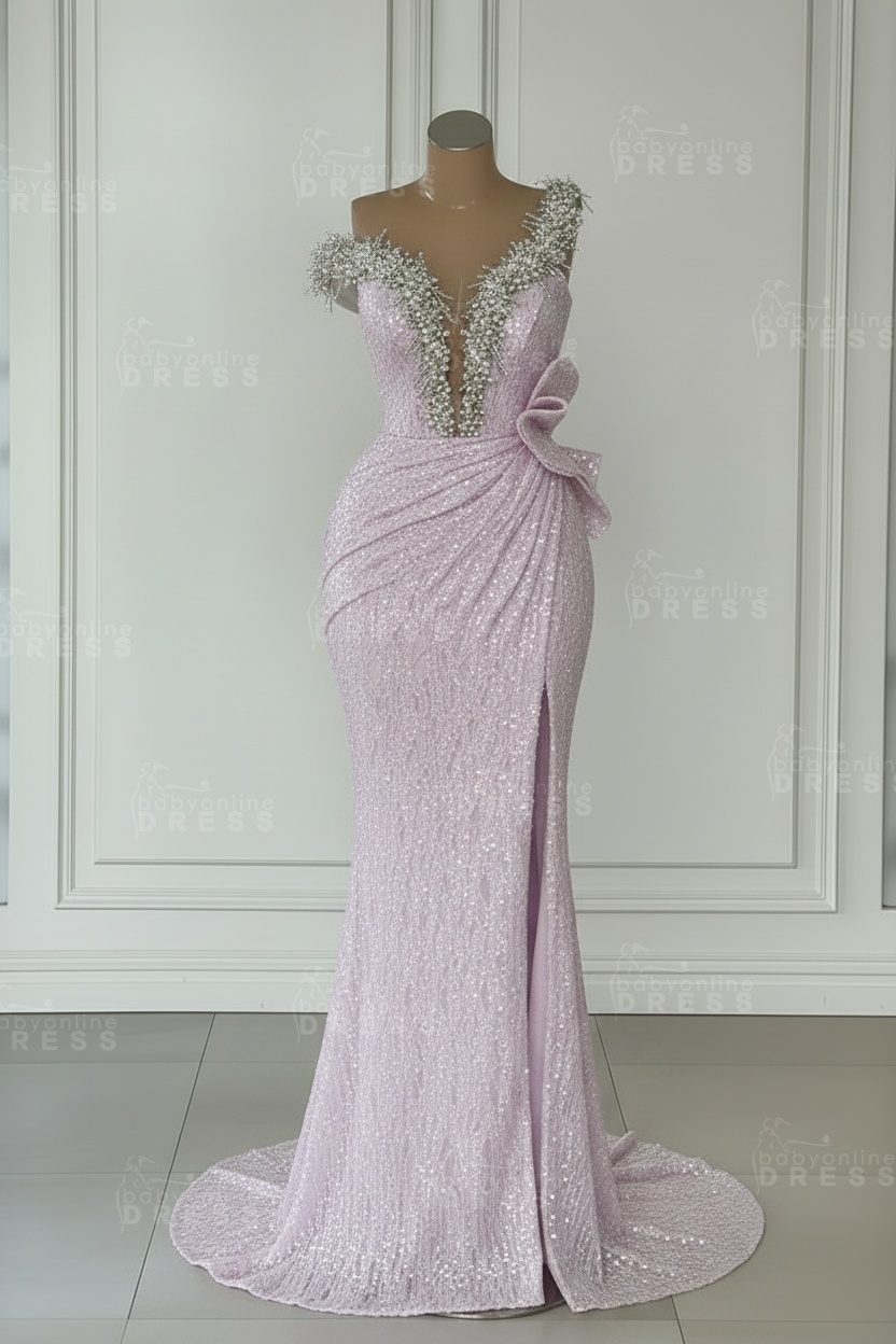 One Shoulder Sequins Sleeveless Long Mermaid Prom Dress