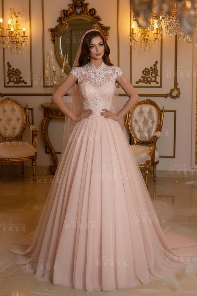Cap Sleeves High Neck Tulle Long Lace A-line Wedding Dress 