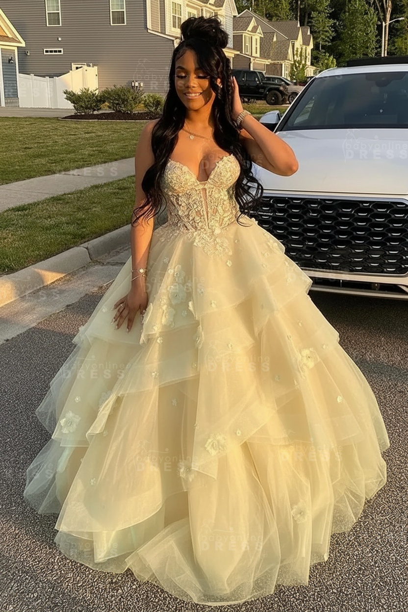 Sleeveless V-Neck Tulle Aline Prom Dress Floral Tiered Ruffles Corset Evening Dress