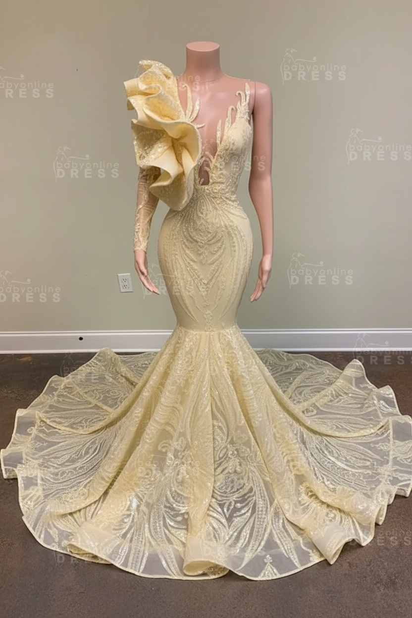 Chic Black Long Sleeve Asymmetrical Floor Length Mermaid Prom Dress