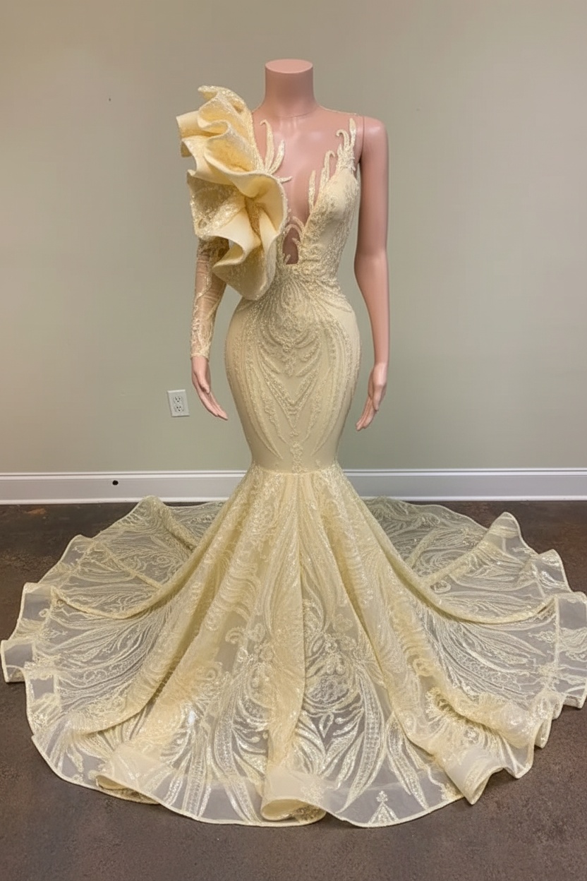 Chic Black Long Sleeve Asymmetrical Floor Length Mermaid Prom Dress