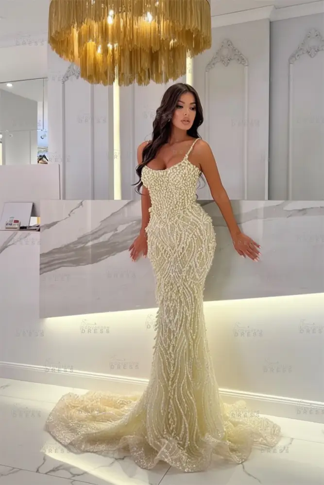 Strapless Mermaid Ivory Court Train Pearls Prom Dresses