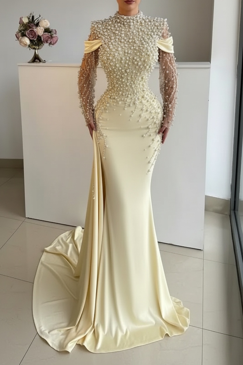 Unique High Neck Beading Long Sleeve Mermaid Prom Dresses