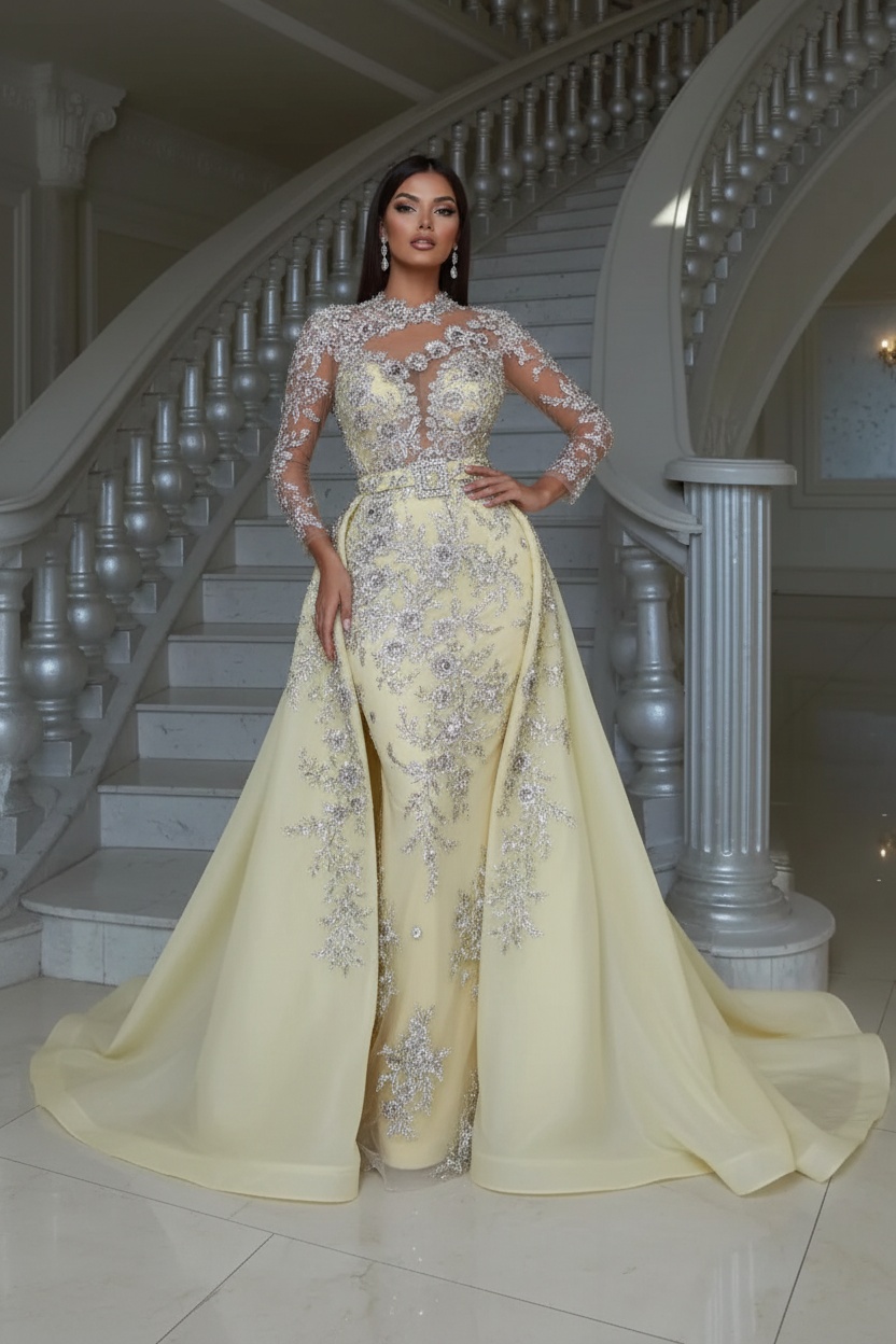 Blushing pink Long sleeves Overskirt Lace Prom Dresses