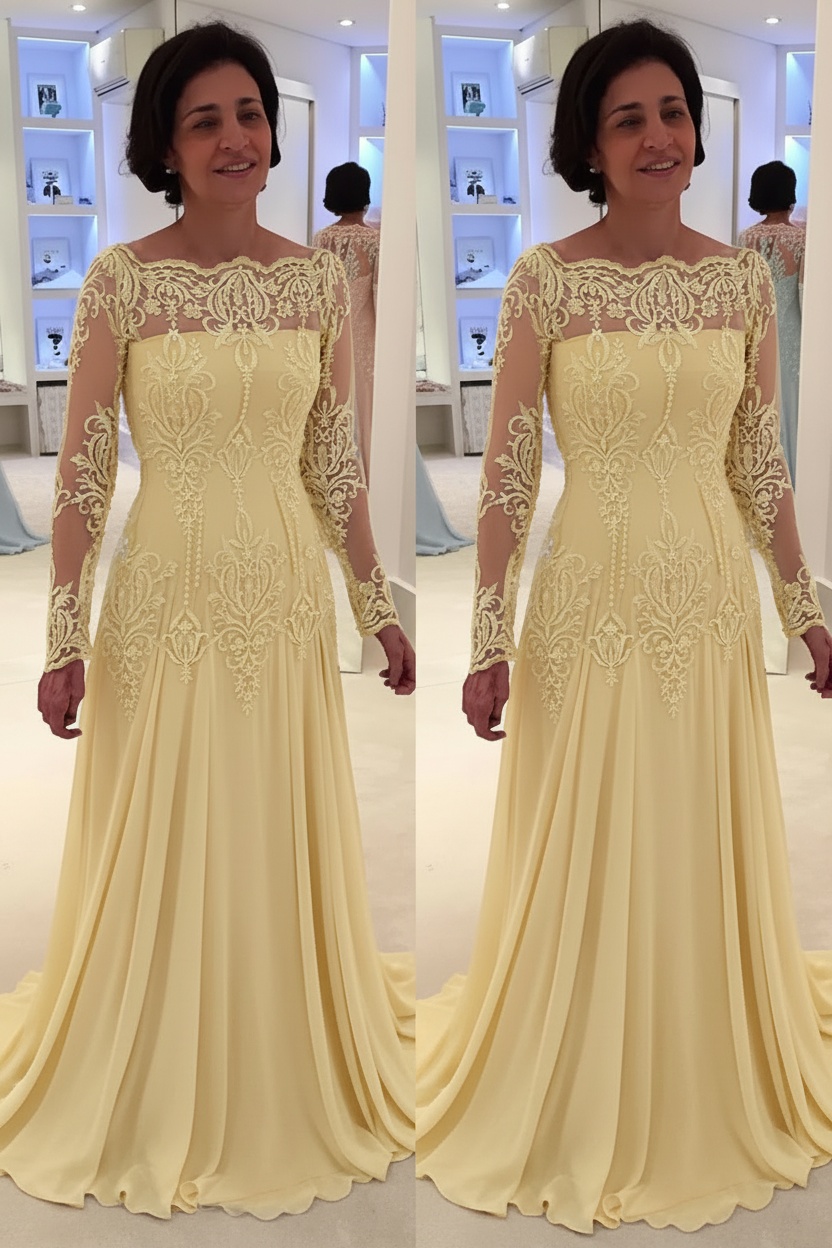 Elegant Floor-Length Lace Long-Sleeves A-line Mother of the Bride Dress 