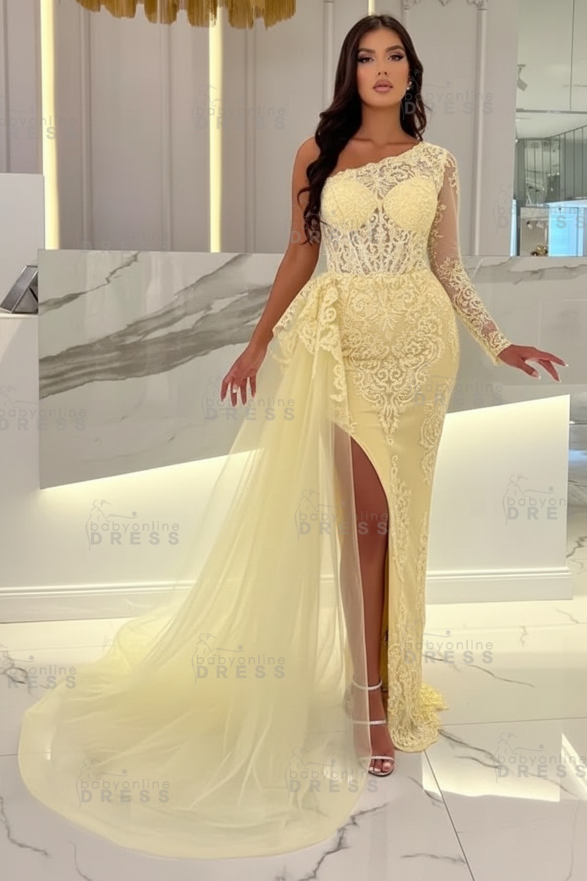 Sexy Sky blue One-shoulder Mermaid Prom Dress Tulle with High split