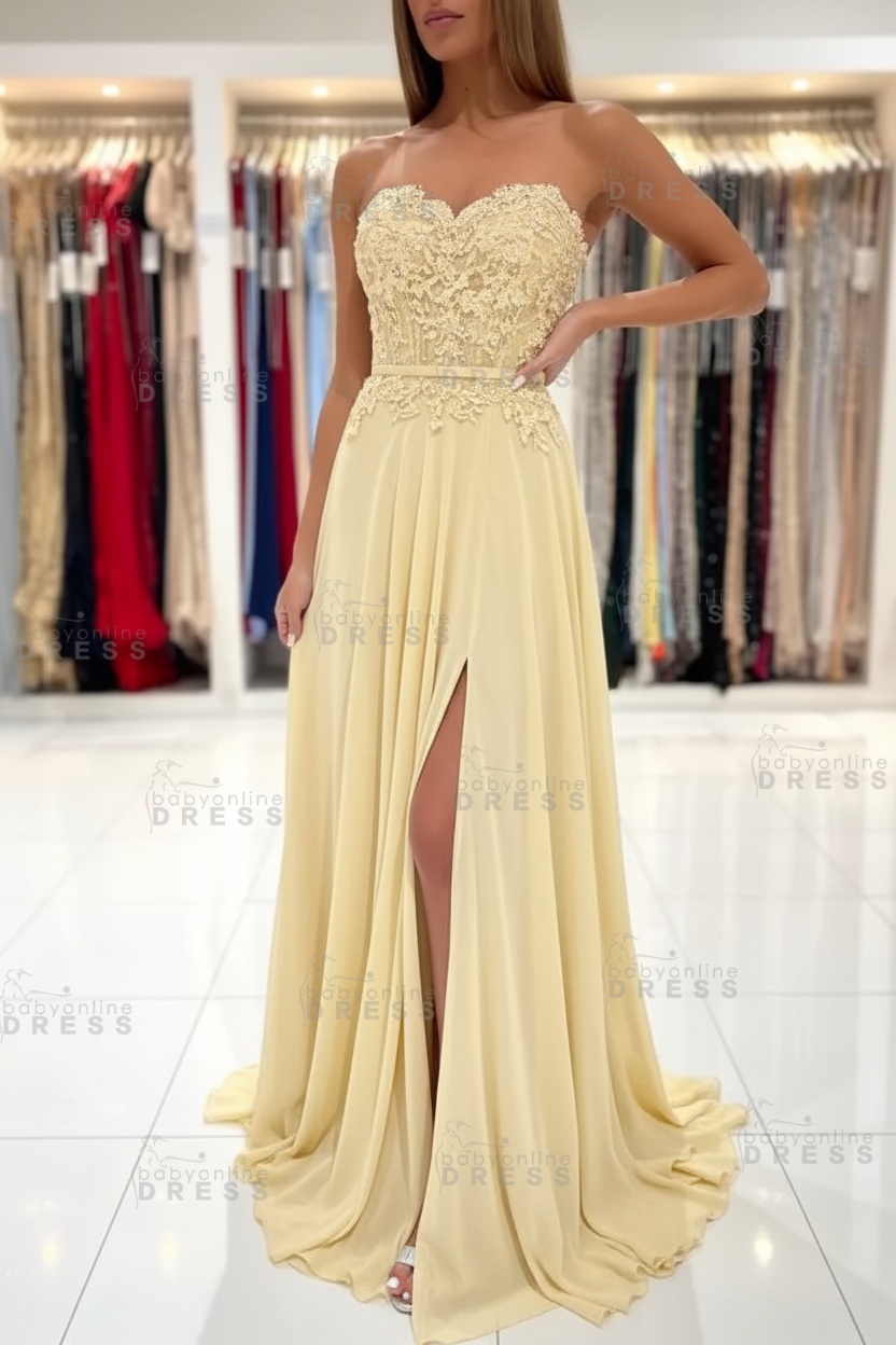 Sweetheart Strapless A-Line Chiffon Floor Length High Split Prom Dress