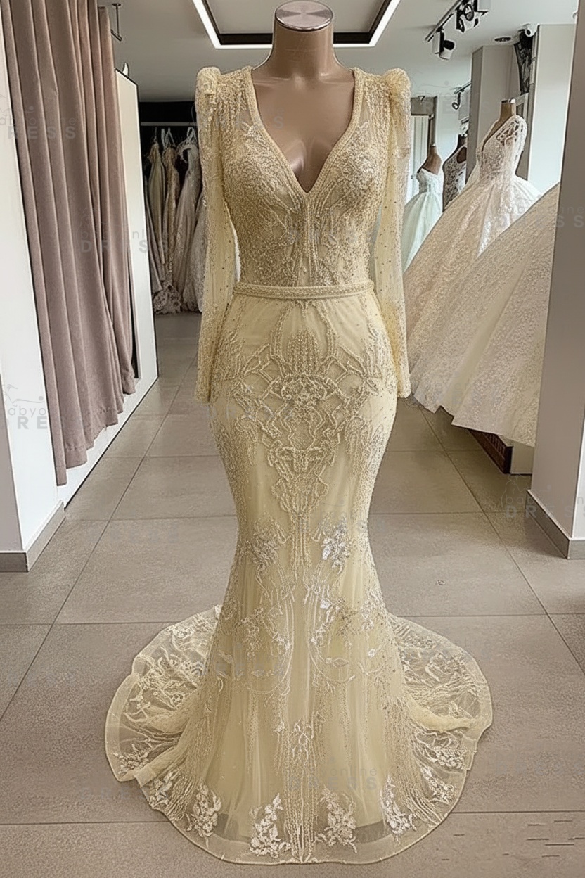 Gorgeous Mermaid Lace Beading V Neck Long Sleeves Prom Dresses | Evening Gowns With Beading Waistband