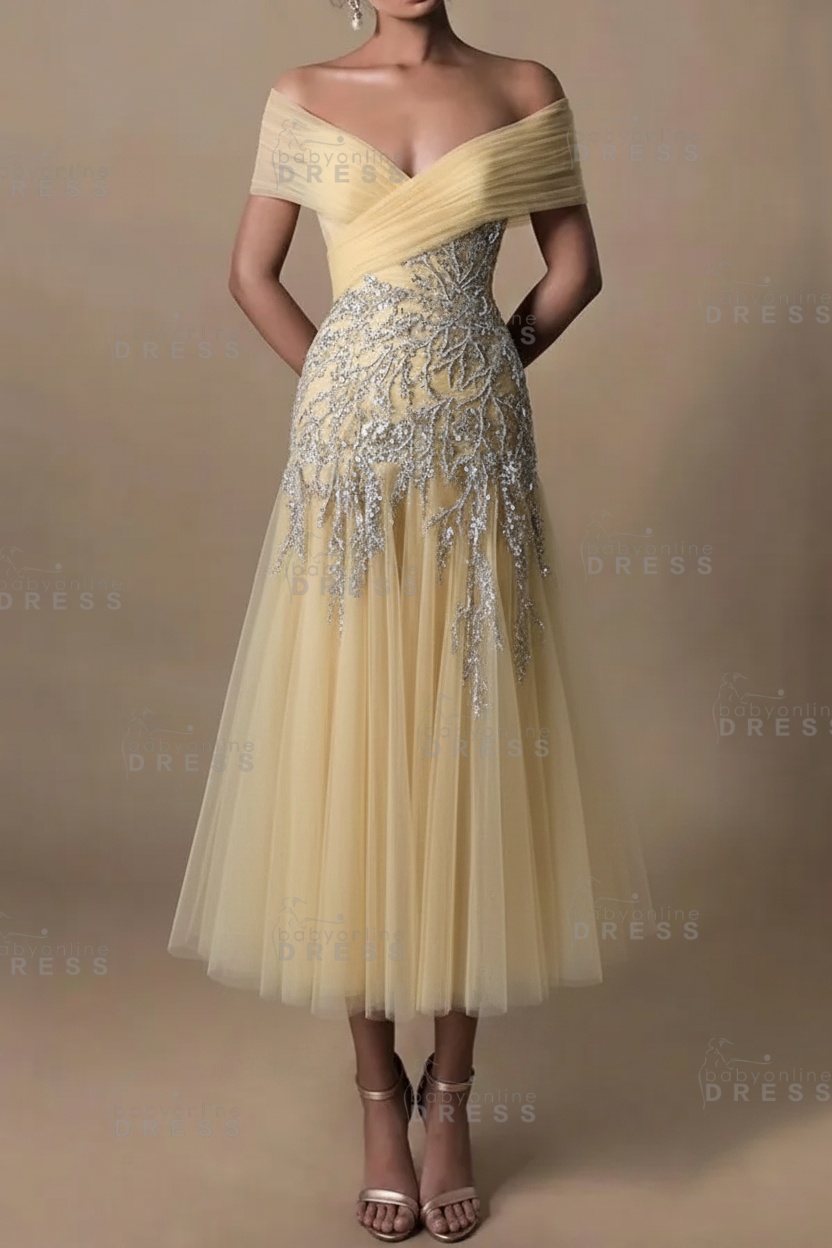 Champagne V-Neck A-Line Tea Length Prom Dress Tulle Mother of the Bride Dress