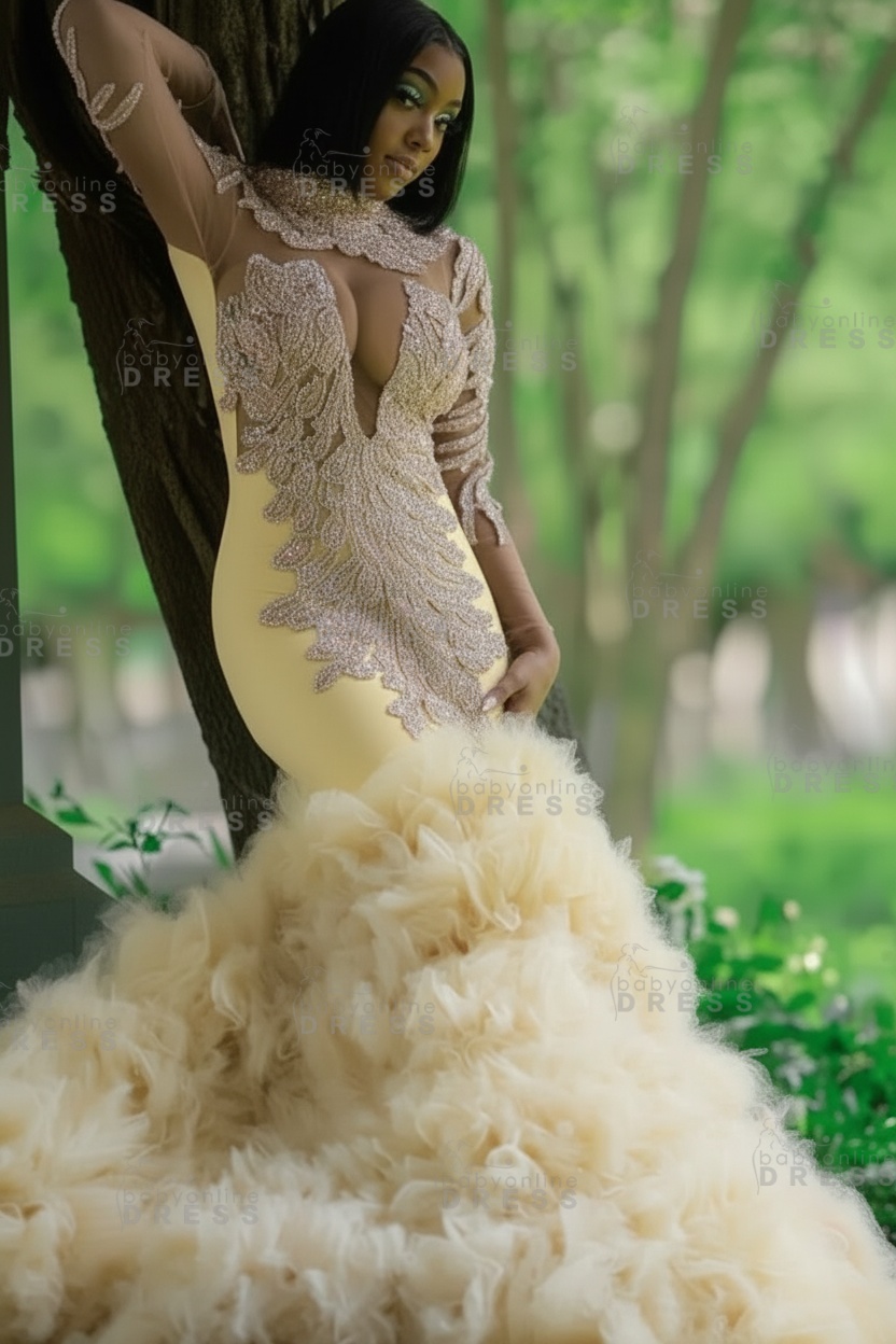 Glamorous Slim Mermaid Evening Gowns with sleeves Beadings Prom Dress