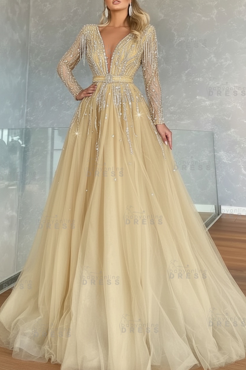 Long Sleeves V-neck Ball Gown A-line Prom Dress with Beadings
