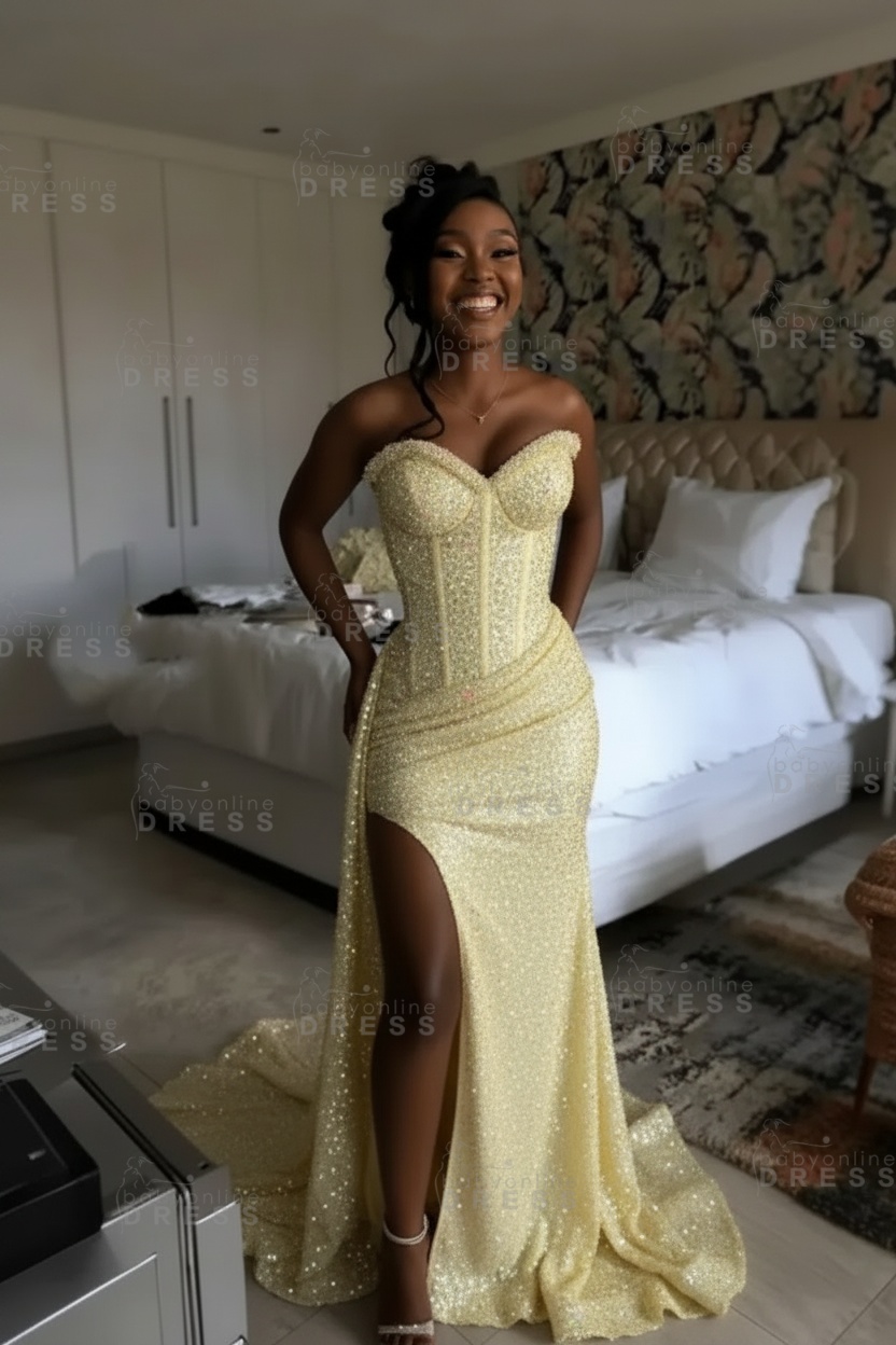 Sexy Orange Mermaid Prom Dress with Sequins High Split Strapless Long Party Dress