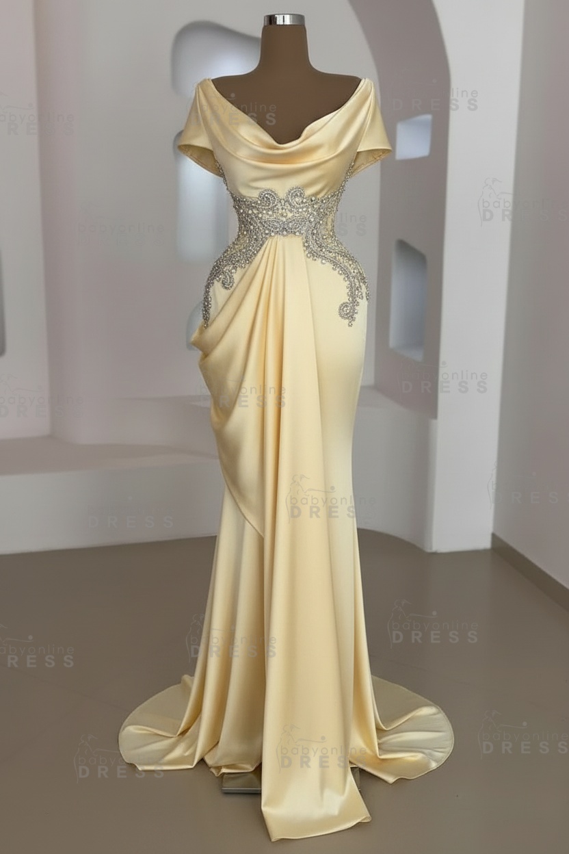 Short sleeves Mermaid Round neck Gray Prom Dresses