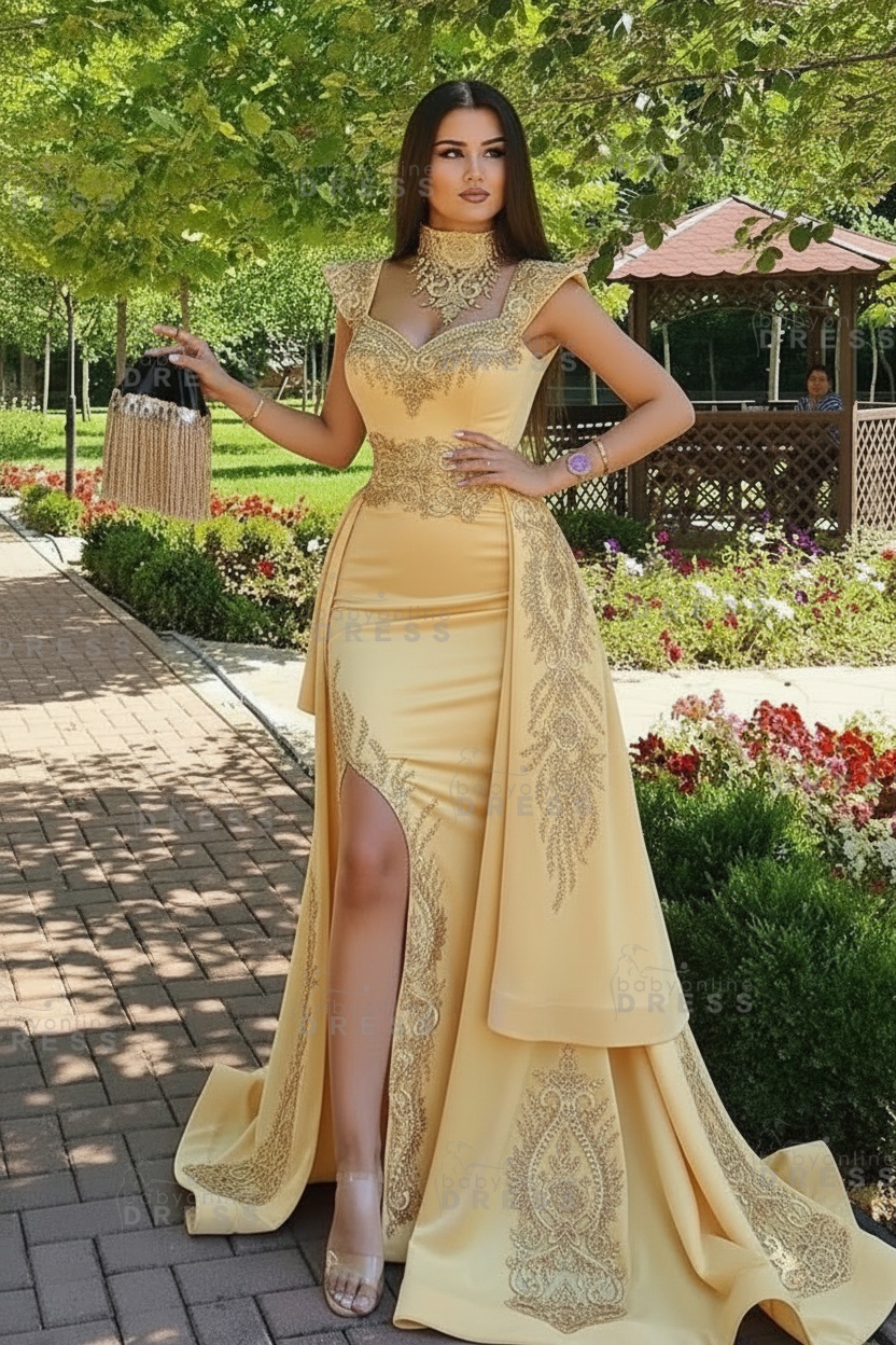 Dark Green Velvet Mermaid Evening Dress with Gold Lace appliques